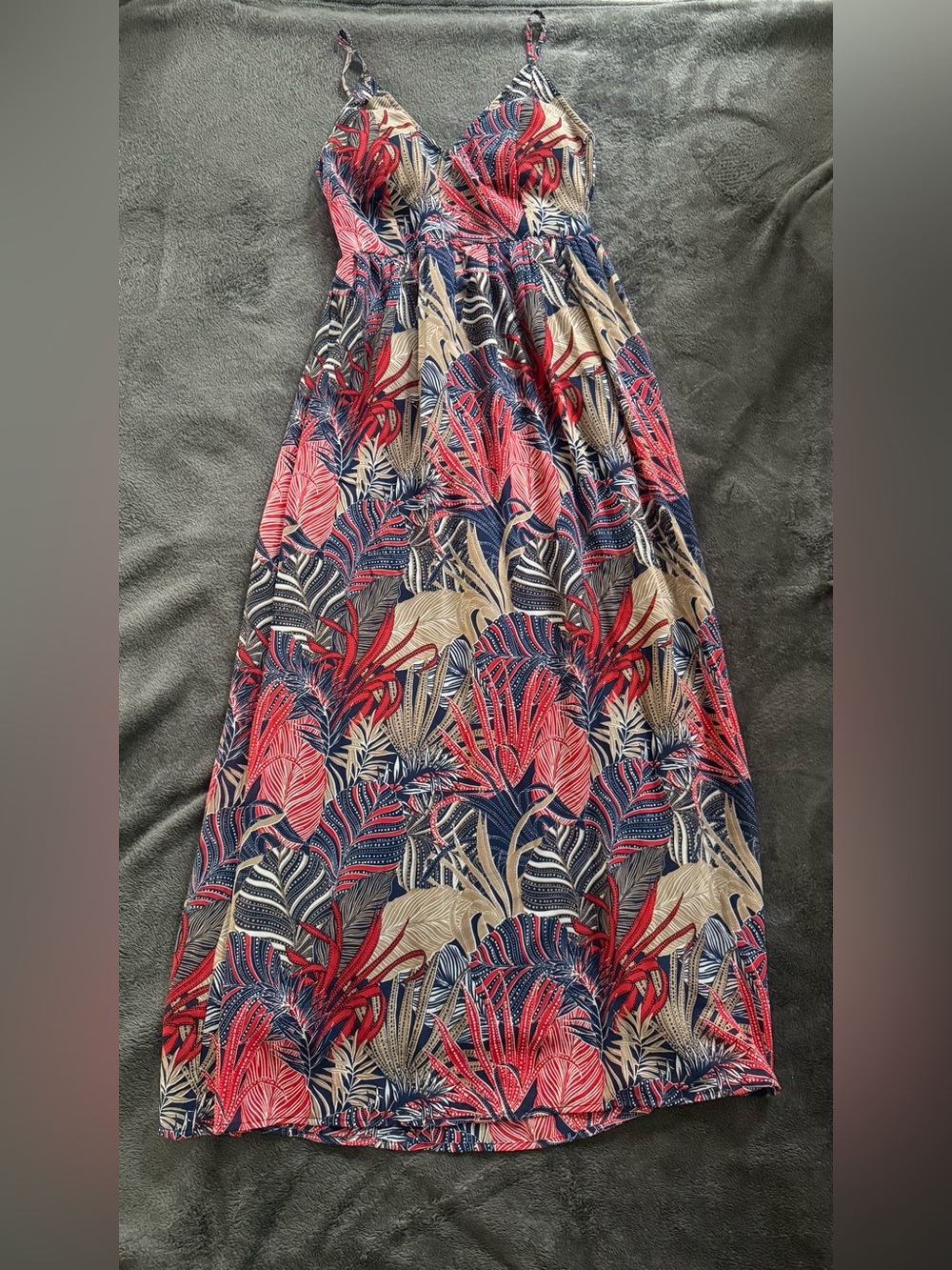 Japna Tropical Leaf Print Maxi dress in Navy, Red & Beige